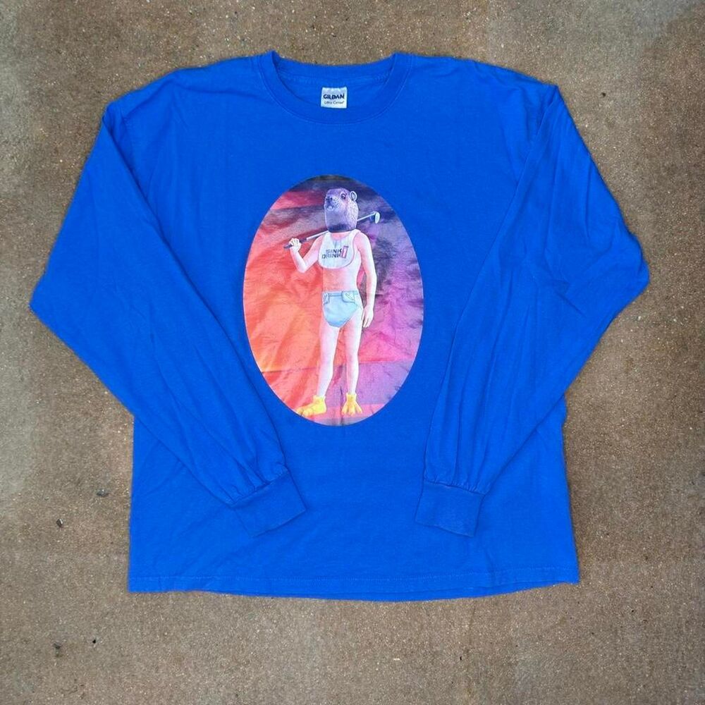 Gildan Ultra Cotton XL Weird Graphic Long Sleeve T Shirt Blue Surreal Meme Tee